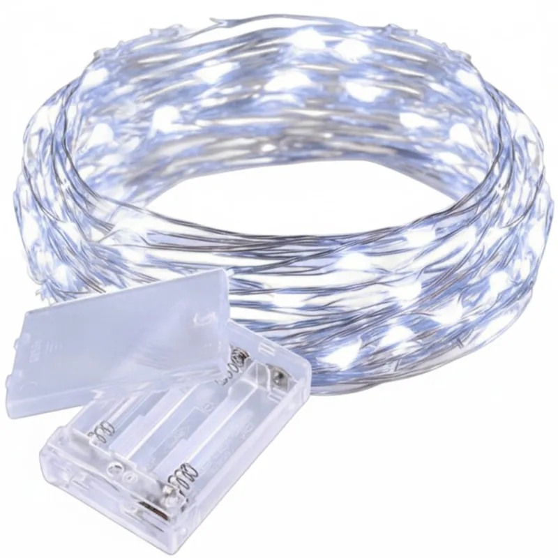 Energooszczędne Lampki Choinkowe-Łezki Na Białym Druciku Z 10 LED, Zimny Kolor, Zasilane Na Baterie AA - Biały