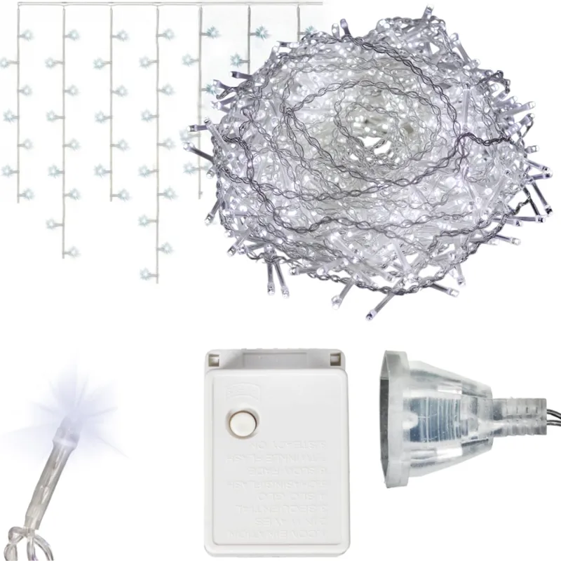 Sople 300 LED Kurtyna Lampki Zewnętrzne/Wewnętrzne Flash Zimny Programator 9 m - Biały