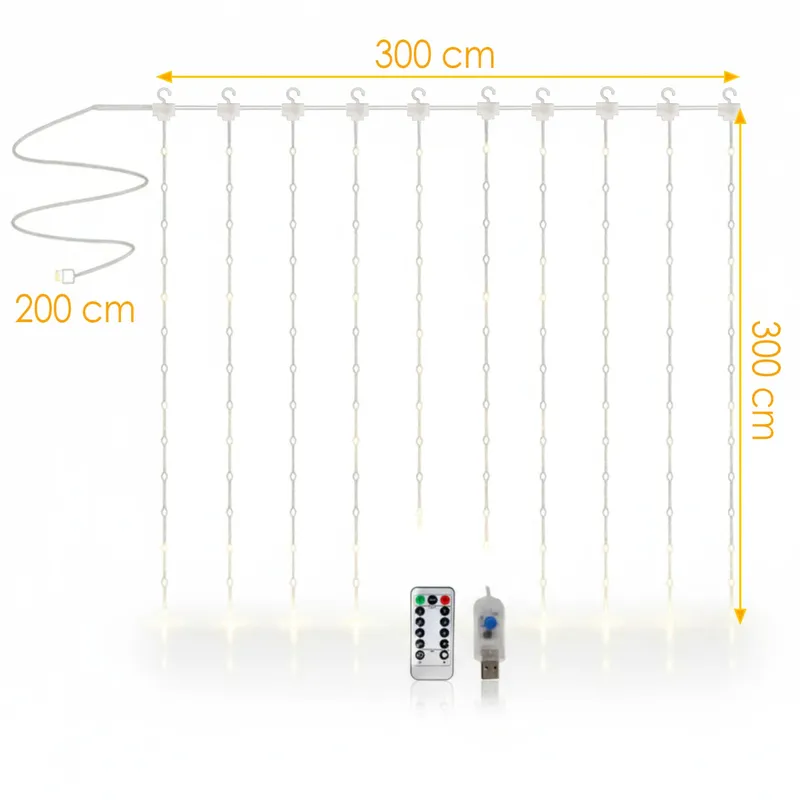Kurtyna Świetlna Na Okno 300 LED 3×3 Lampki Świąteczne Choinkowe Girlanda Ciepły - Biały