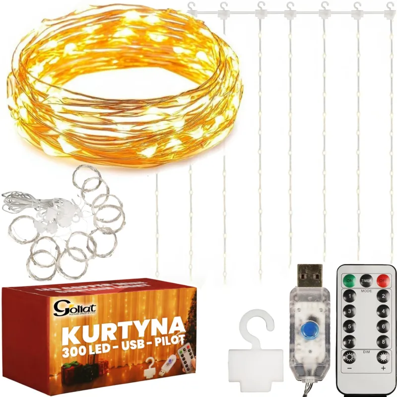 Kurtyna Świetlna Na Okno 300 LED 3x3 Lampki Świąteczne Choinkowe Girlanda Ciepły Biały/K