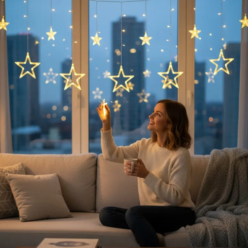 Kurtyna Świetlna Gwiazdki Ozdoby Świąteczne Lampki 120 LED Ciepły - Biały