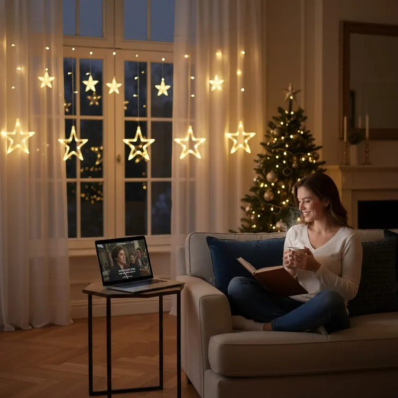 Kurtyna Świetlna Gwiazdki Ozdoby Świąteczne Lampki 120 LED Ciepły - Biały