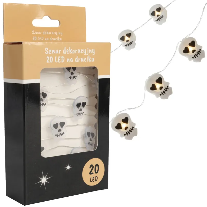 Lampki 20 LED Z Czaszkami Na Giętkim Druciku – Dekoracje Na Baterie