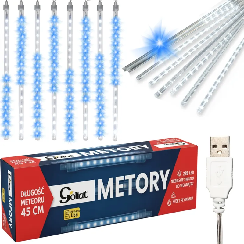 Deszcz Meteorów Sople LED Lampki Spadający Śnieg 45cm Niebieskie USB