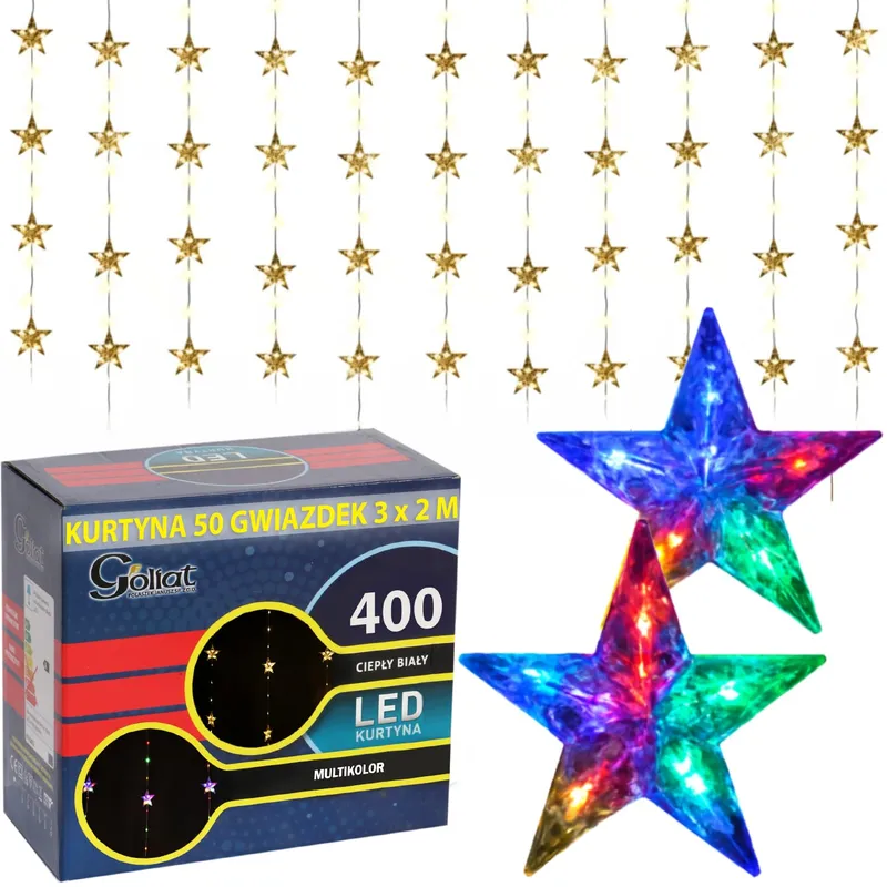 Kurtyna Świetlna 3x2m 50 Gwiazdek Ozdoby Świąteczne Lampki 400 LED Ciepły Biały/Multicolor