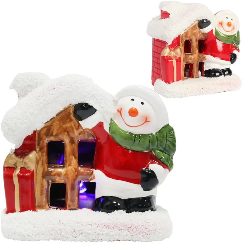 Ozdoba Świąteczna Ceramiczny Domek Z Bałwankiem LED 9 cm