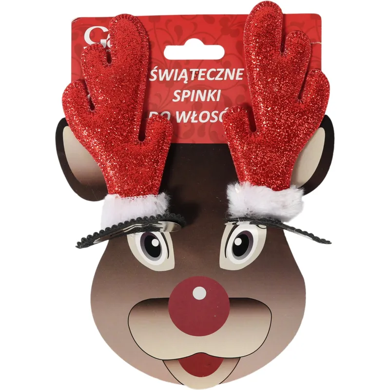Spinki Do Włosów 2 szt Świąteczne Rogi Renifera 10 cm - CZERWONE