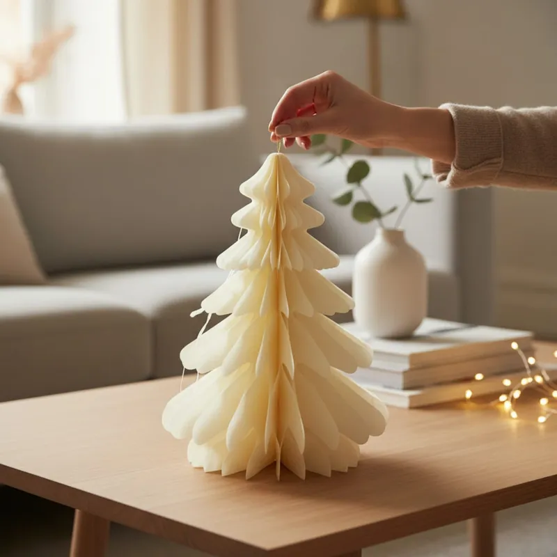 Zawieszka Choinka Papierowa Rozkładana Origami Dekoracja Świąteczna 3D - Kremowa
