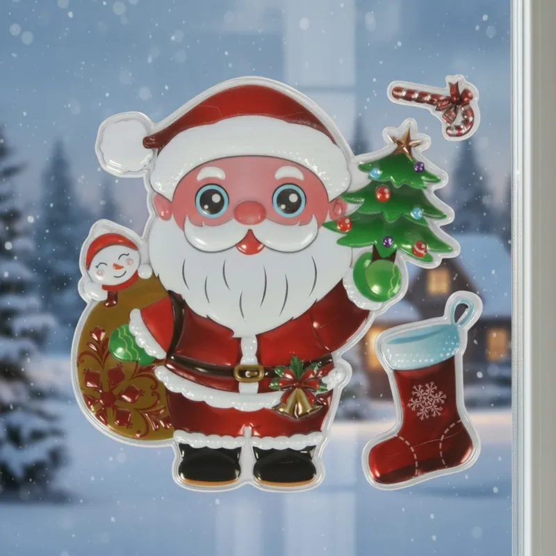Naklejki Świąteczne Na Okno 3D Dekoracja Ozdoba Mikołaj Z Choinką