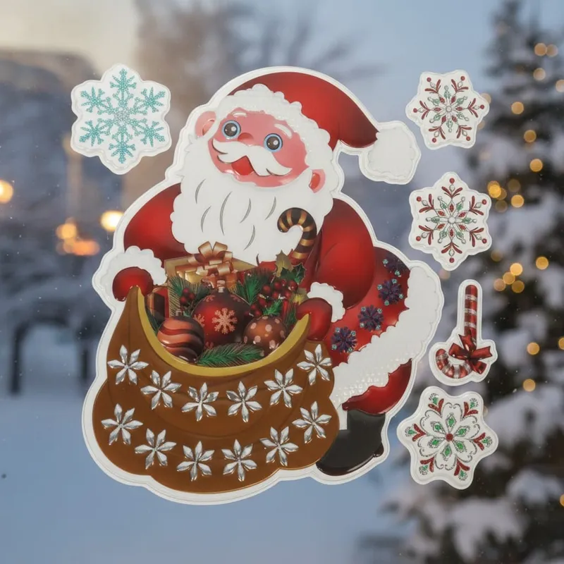 Naklejki Świąteczne Na Okno 3D Dekoracja Ozdoba Mikołaj Z Workiem