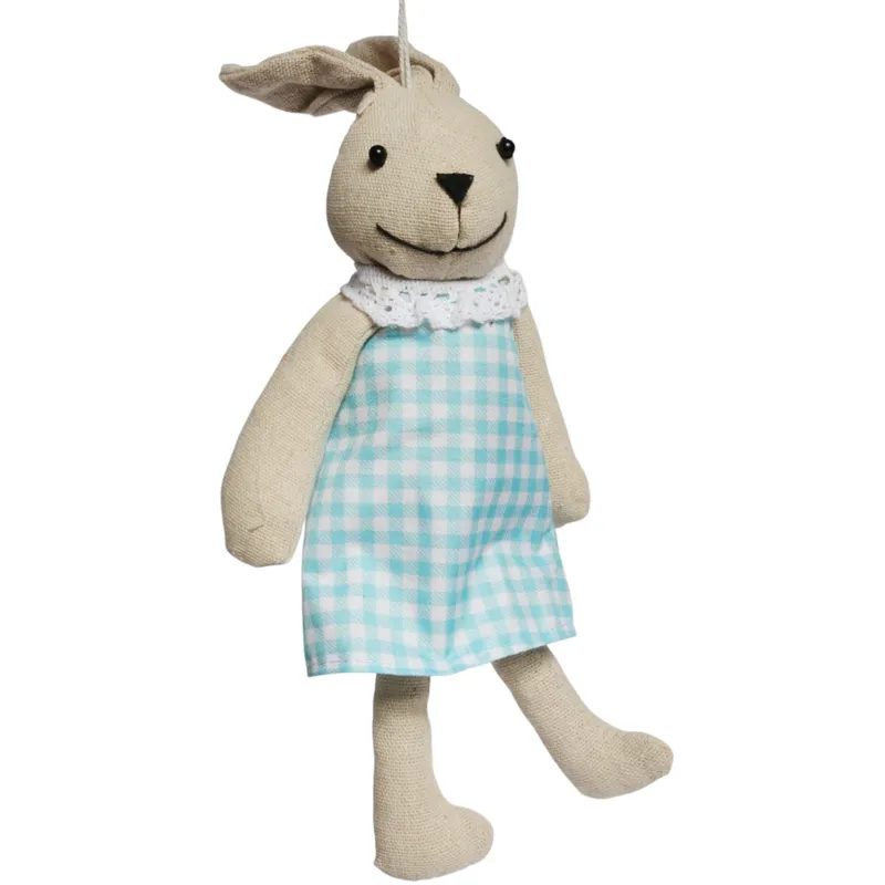 Zając Zawieszka Lniana Ozdoba Wielkanocna Figurka W Niebieskiej Sukience 26 cm