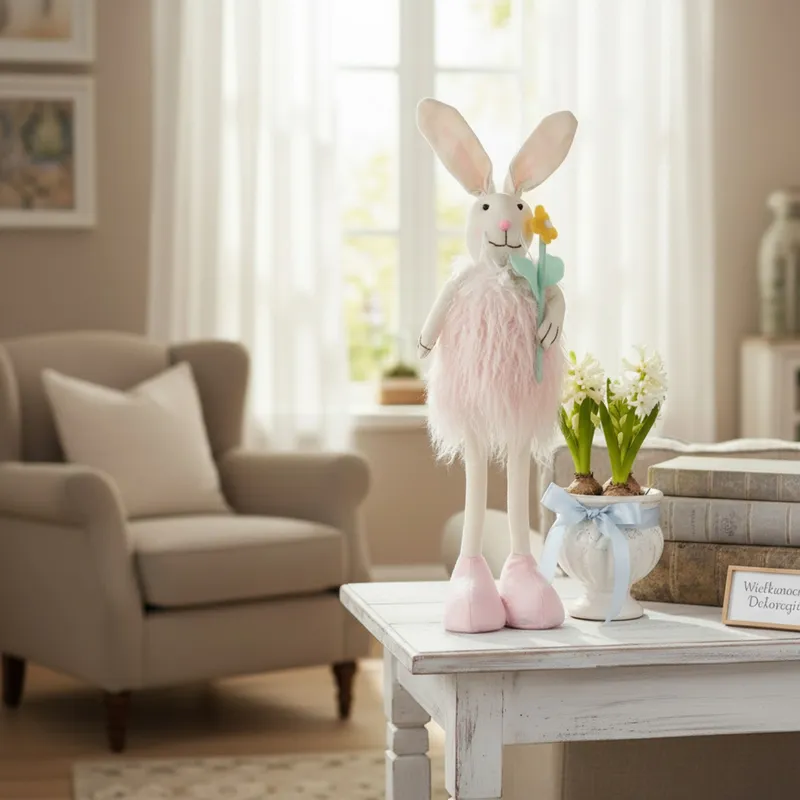 Zając Futrzany Z Kwiatkiem Ozdoba Wielkanocna Figurka 50 cm
