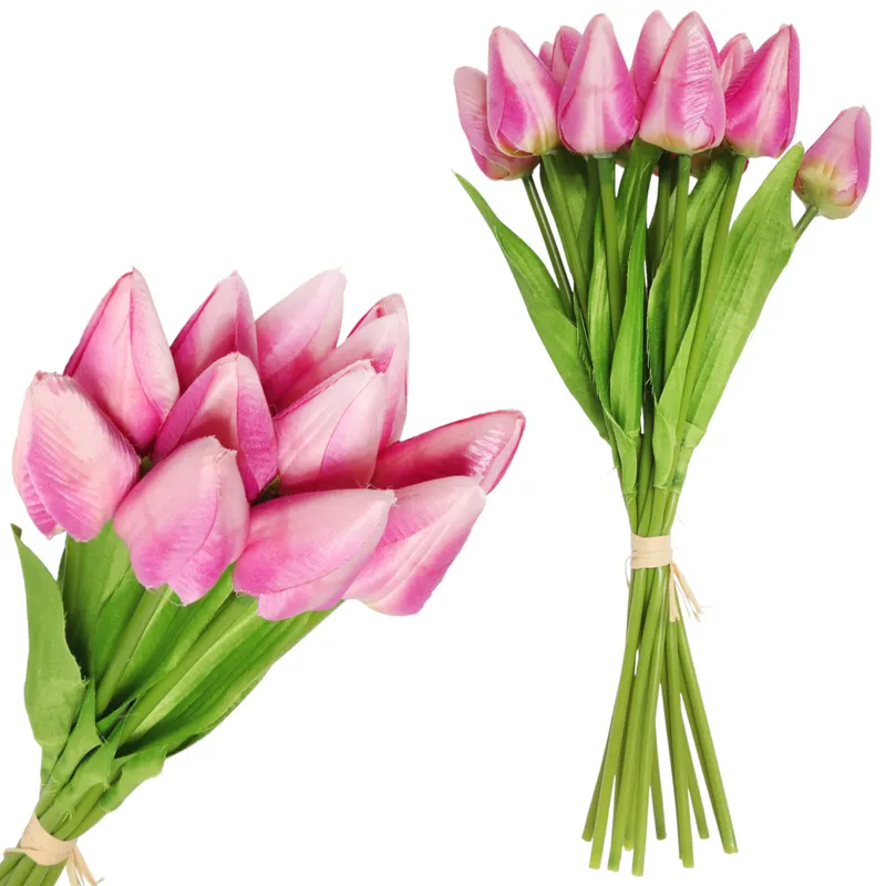 Bukiet 12 TULIPANÓW W PĘCZKU Z RAFIĄ 32 cm - Różowe