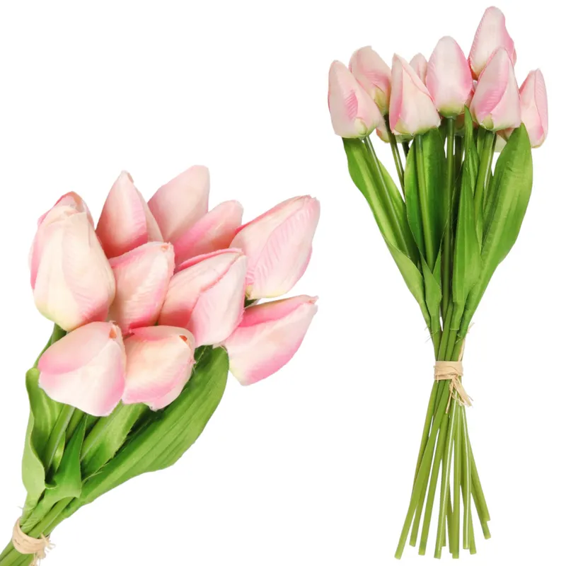 Bukiet 12 TULIPANÓW W PĘCZKU Z RAFIĄ 32 cm Jasno - Różowe