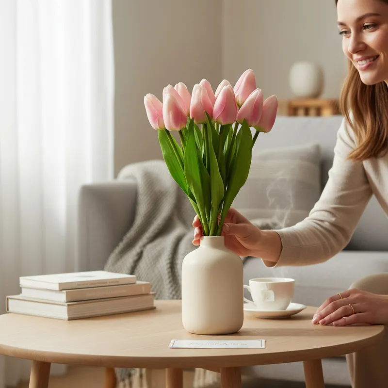 Bukiet 12 TULIPANÓW W PĘCZKU Z RAFIĄ 32 cm Jasno - Różowe