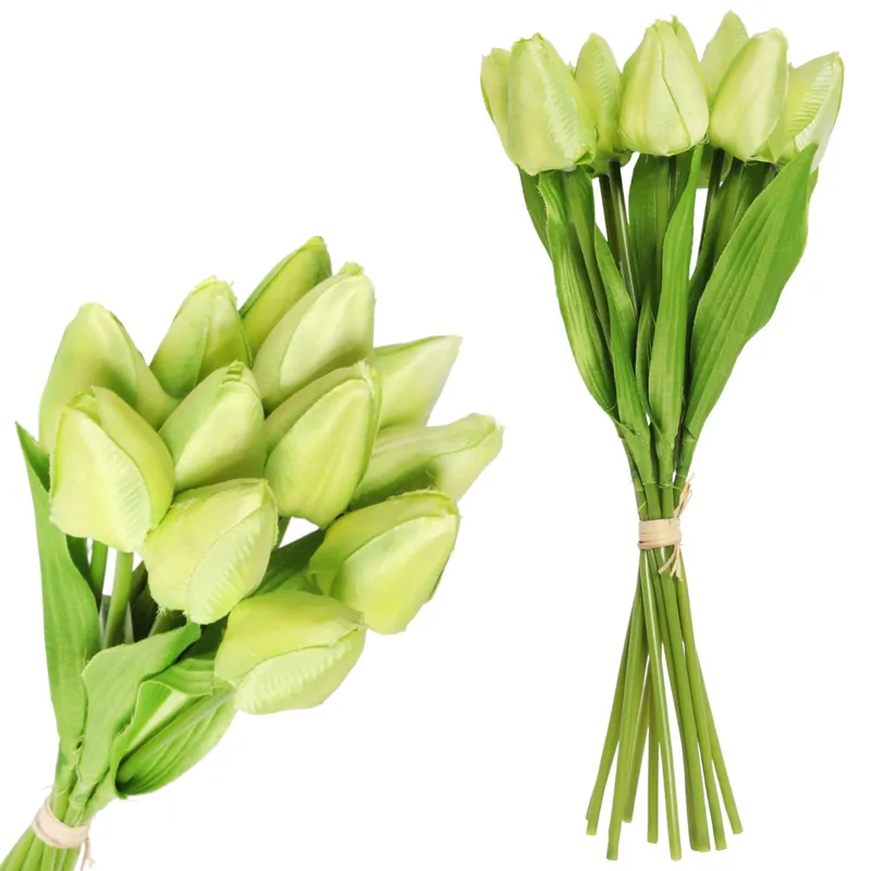 Bukiet 12 TULIPANÓW W PĘCZKU Z RAFIĄ 32 cm - Zielony