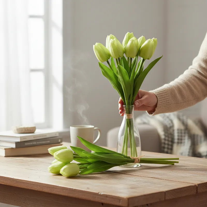 Bukiet 12 TULIPANÓW W PĘCZKU Z RAFIĄ 32 cm - Zielony