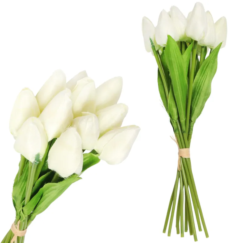 Bukiet 12 TULIPANÓW W PĘCZKU Z RAFIĄ 32 cm - Biały