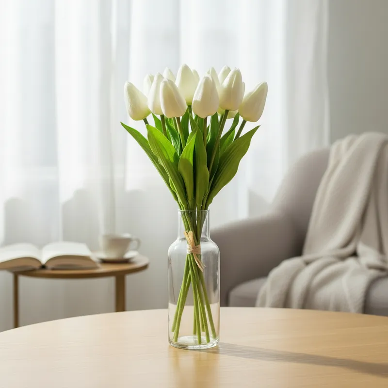Bukiet 12 TULIPANÓW W PĘCZKU Z RAFIĄ 32 cm - Biały