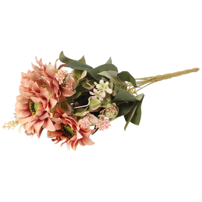 BUKIET 9 SŁONECZNIKÓW Z DODATKAMI Sztuczne Kwiaty Do Wazonu KOMPOZYCJA Łososiowa 43 cm