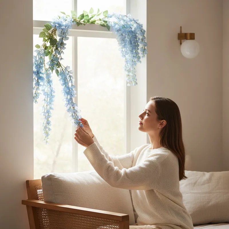 Wisteria Sztuczne Kwiaty Girlanda Glicynia Kwiaty Wiszące Balkon Taras Ślub - Niebieska
