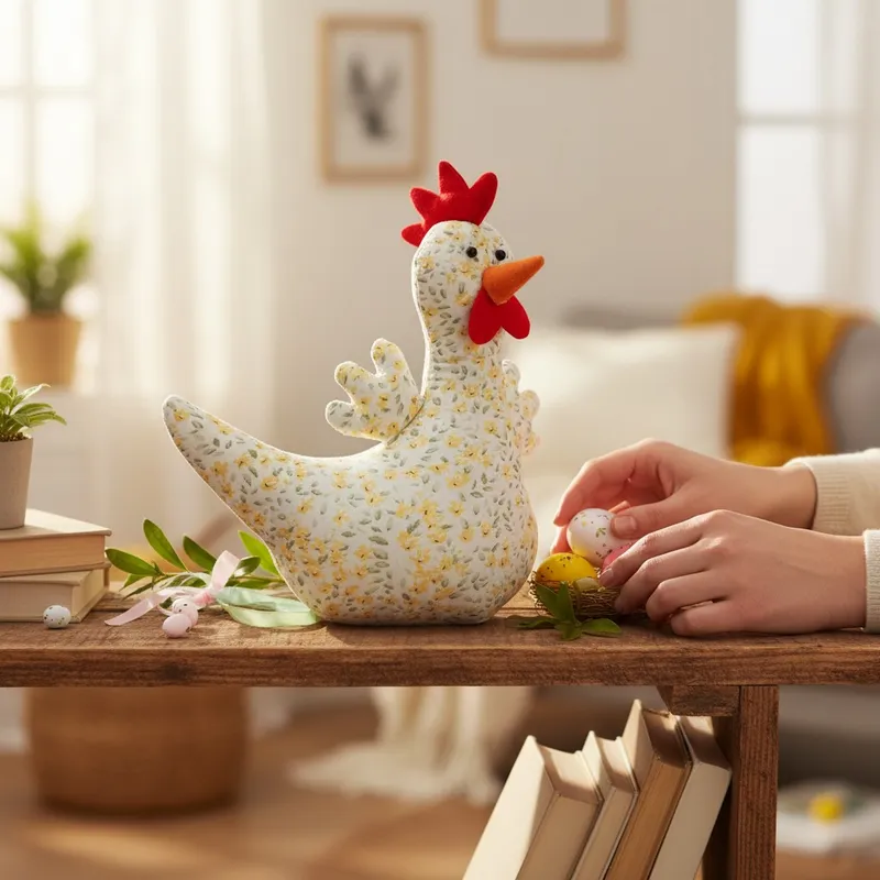Kura Ozdoba Z Materiału W Kwiatki Kura Folklor Wielkanoc 25 cm - Żółta