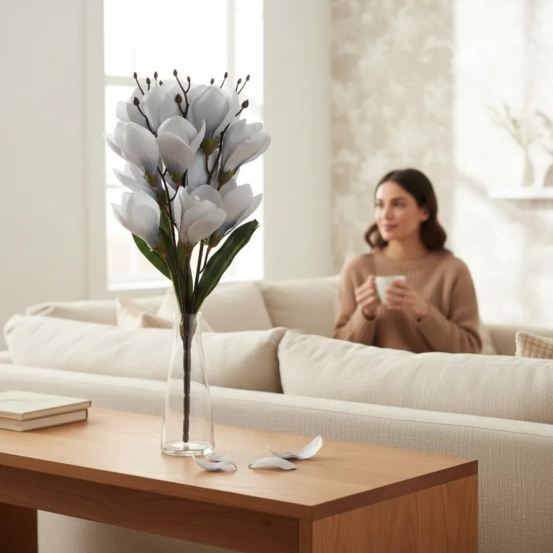 BUKIET MAGNOLII Sztuczne Kwiaty Do Wazonu KOMPOZYCJA 37 cm - Szara