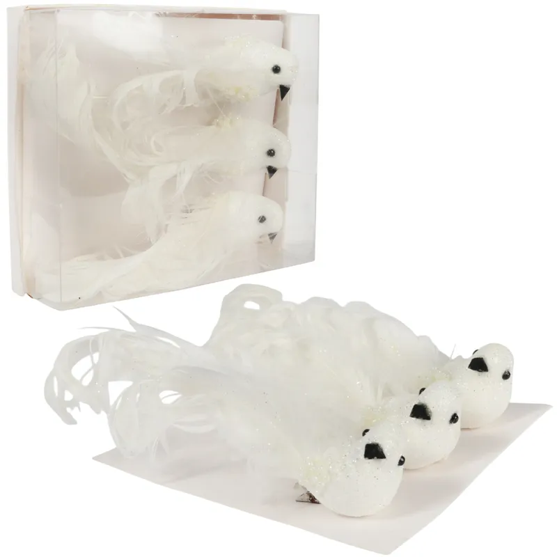Komplet 3 Białych Ptaków Z Brokatem Na Klamrach, 16 cm