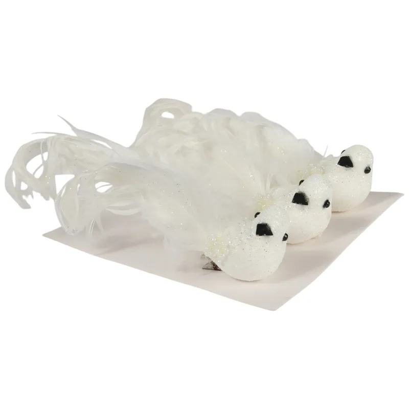 Komplet 3 Białych Ptaków Z Brokatem Na Klamrach, 16 cm