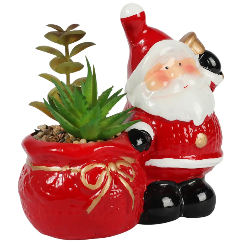 Ceramiczna Ozdoba Świąteczna Mikołaj Z Sukulentem W Wazonie