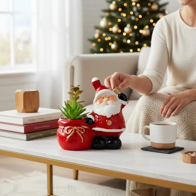 Ceramiczna Ozdoba Świąteczna Mikołaj Z Sukulentem W Wazonie