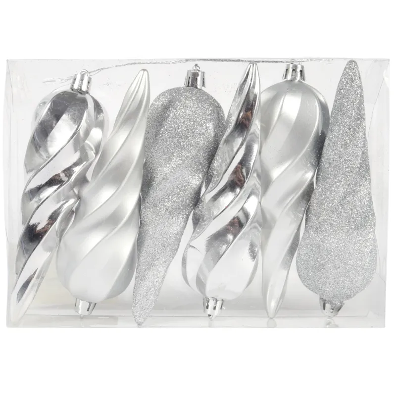 Komplet 6 Bombek Plastikowych SOPLE 14 cm - SREBRNE