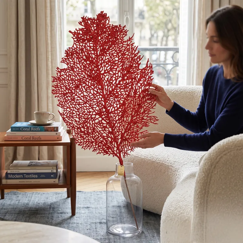 GAŁĄZKA OZDOBNA AŻUROWY, BROKATOWY LIŚĆ 78 cm Kolor - Czerwony