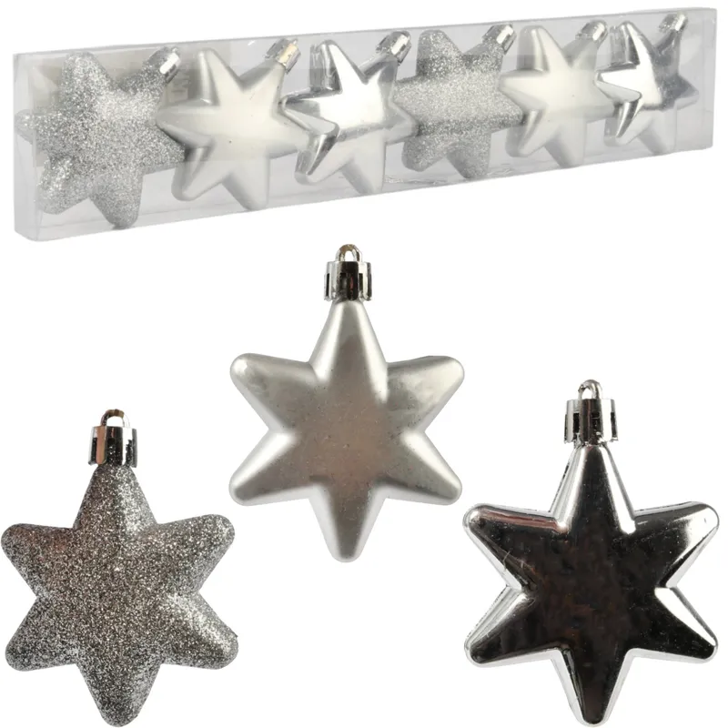 Komplet 6 Bombek Plastikowych- Gwiazdki 5.5 cm Kolor - Srebrny