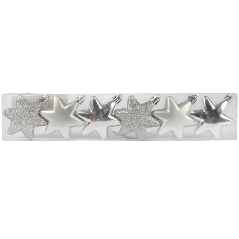 Komplet 6 Bombek Plastikowych- Gwiazdki 5.5 cm Kolor - Srebrny