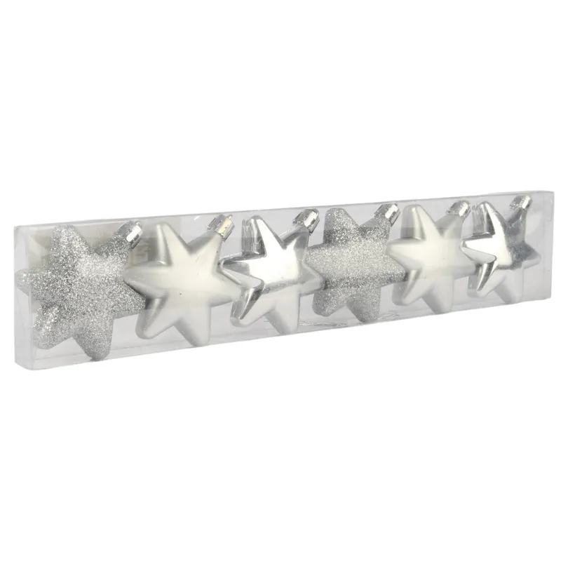 Komplet 6 Bombek Plastikowych- Gwiazdki 5.5 cm Kolor - Srebrny