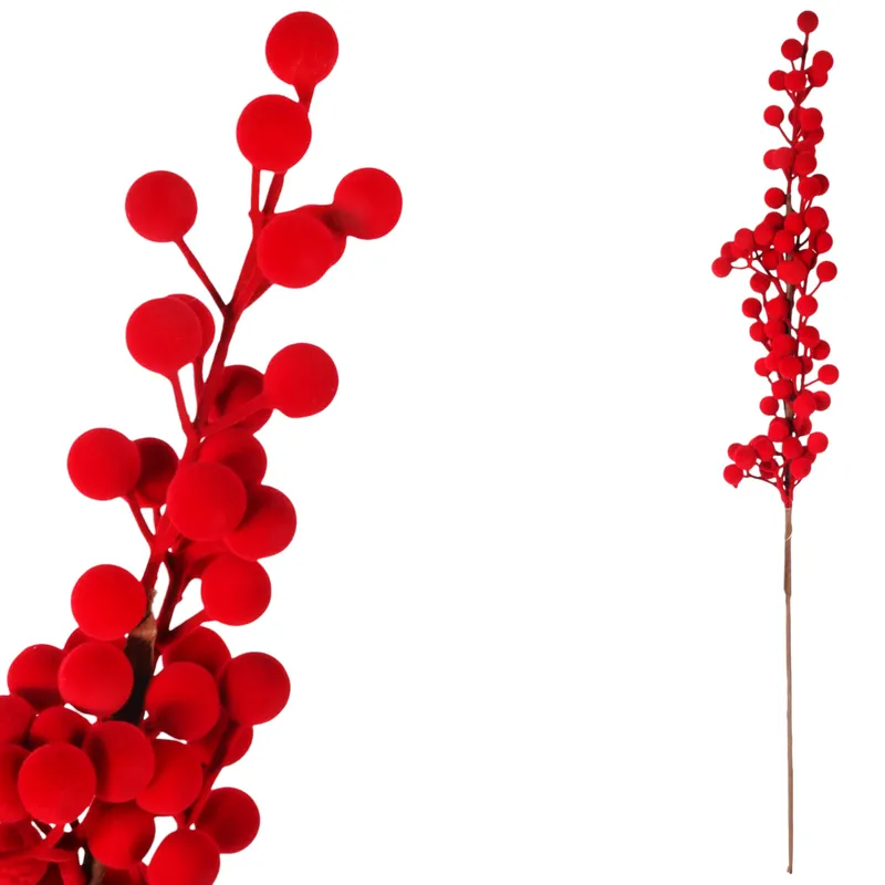 Gałązka Sztuczna Głóg Jarzębina Kulki 62 cm Aksamitna Flokowana