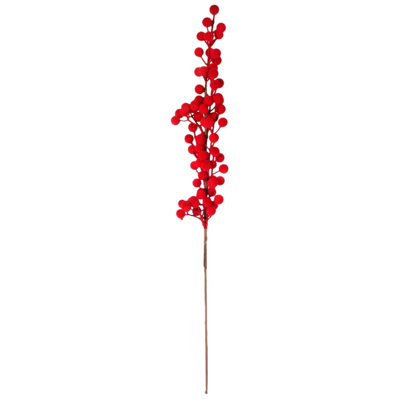 Gałązka Sztuczna Głóg Jarzębina Kulki 62 cm Aksamitna Flokowana