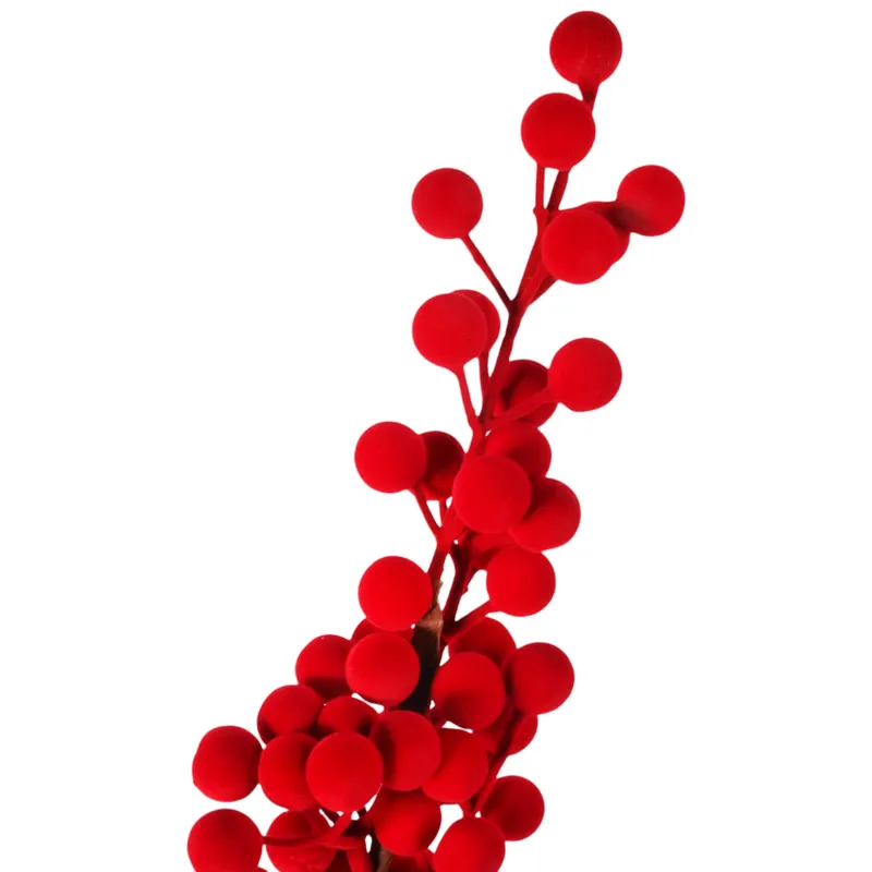 Gałązka Sztuczna Głóg Jarzębina Kulki 62 cm Aksamitna Flokowana