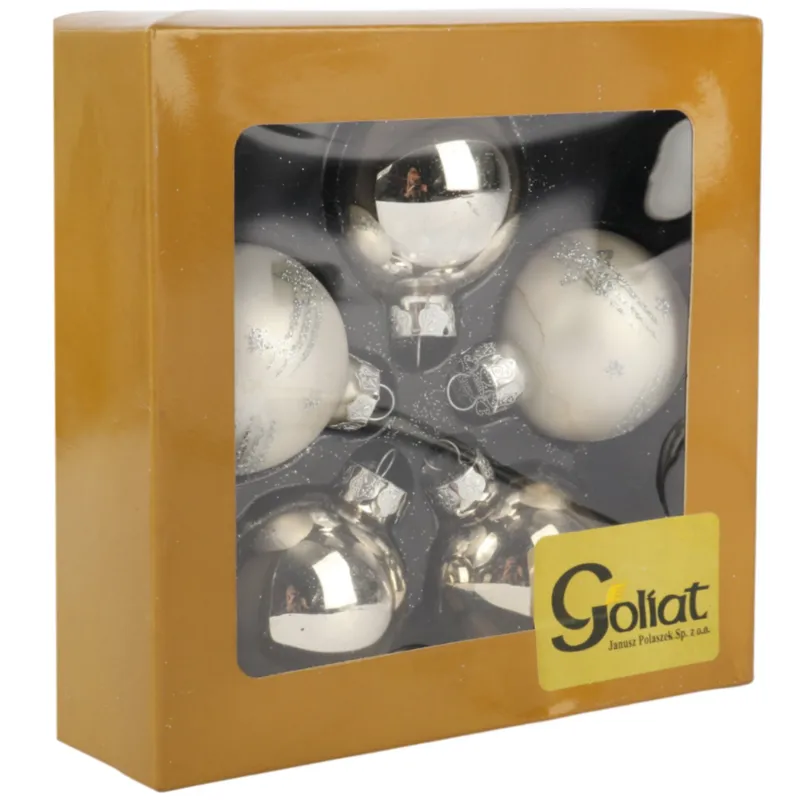 Bombki Szklane Z Brokatowym Dekorem – Komplet 5 szt. 6 cm - Srebrne