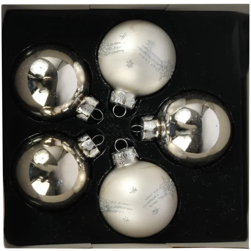 Bombki Szklane Z Brokatowym Dekorem – Komplet 5 szt. 6 cm - Srebrne