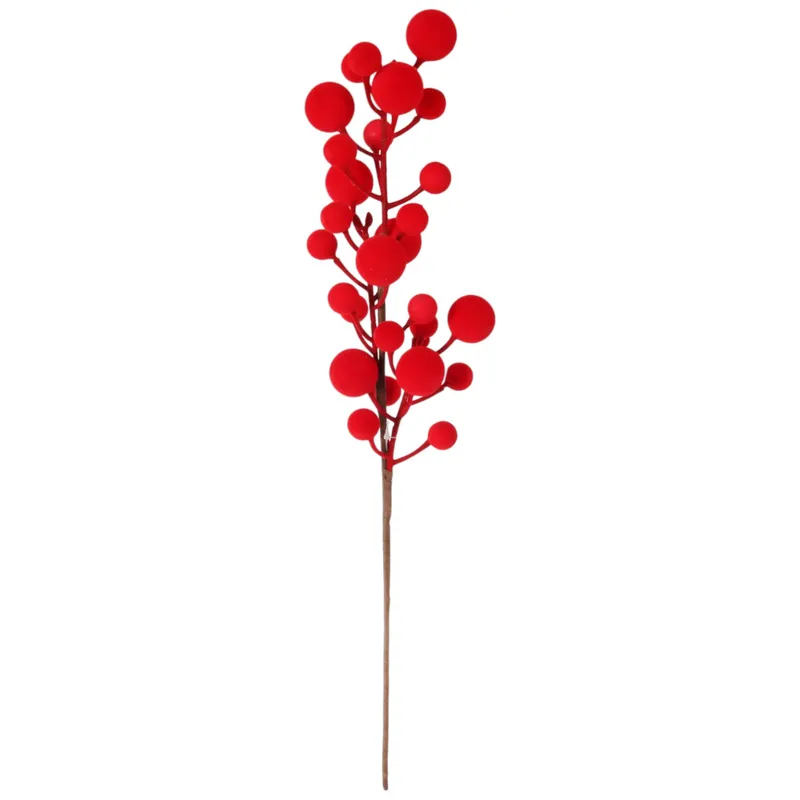 Gałązka Sztuczna Głóg Jarzębina Kulki 52 cm Aksamitna Flokowane
