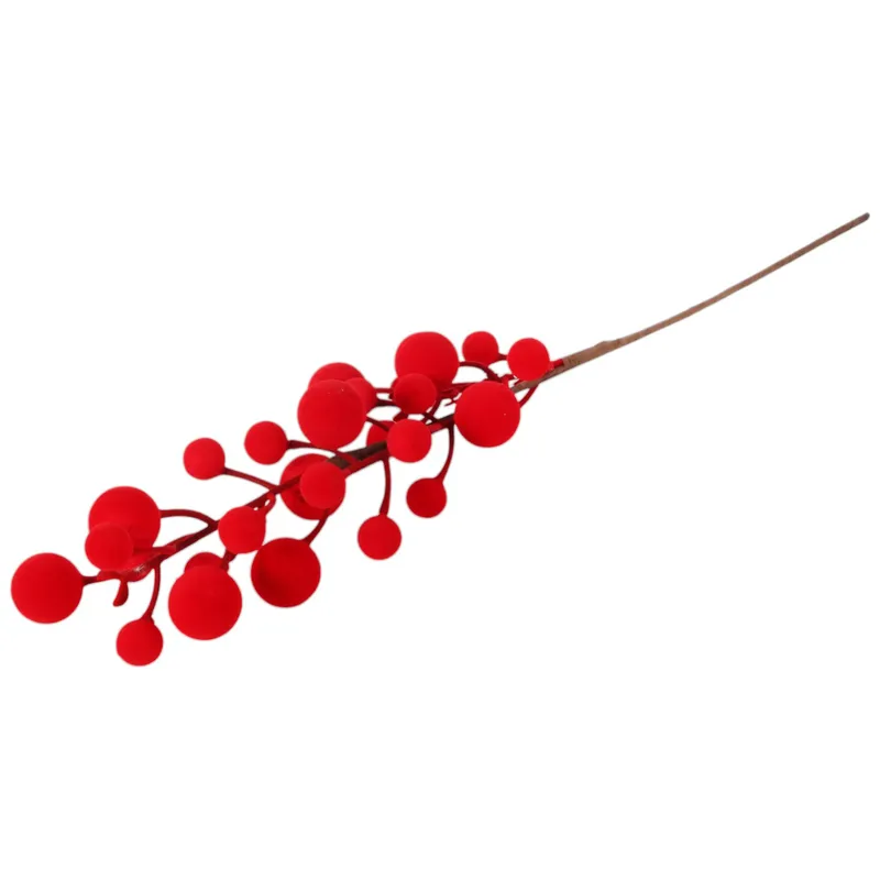 Gałązka Sztuczna Głóg Jarzębina Kulki 52 cm Aksamitna Flokowane