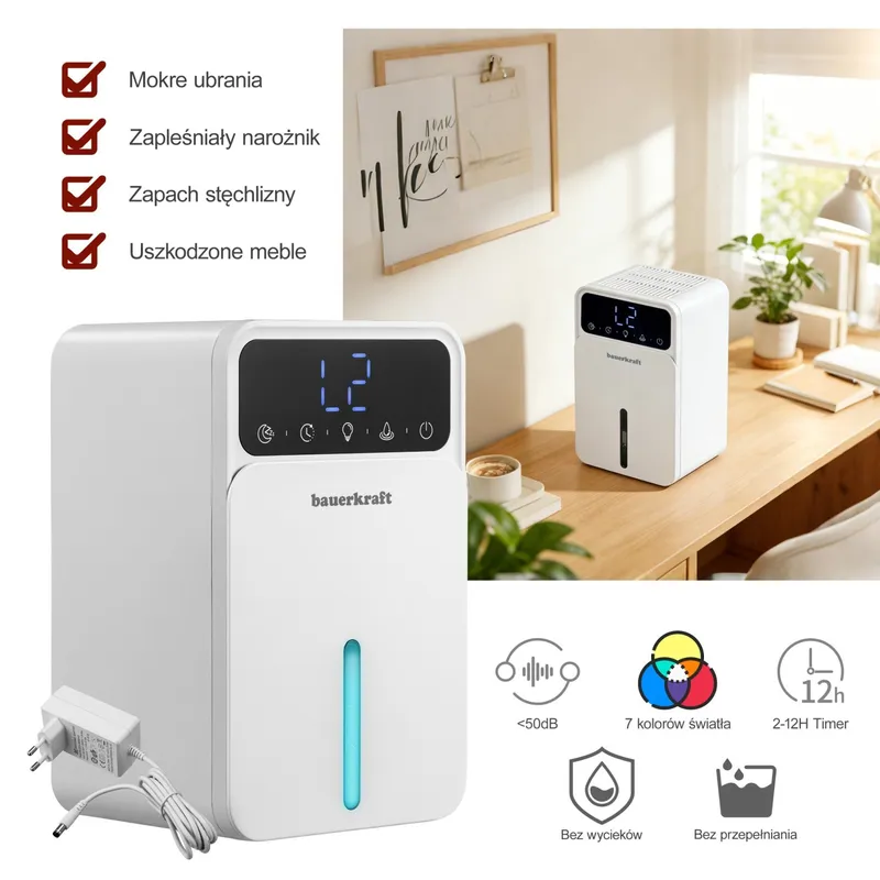 Kompaktowy Cichy Osuszacz Powietrza Z Timerem 350 ml 24H MEBLIVA