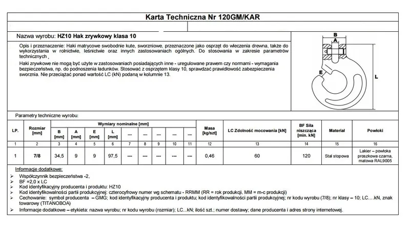 Hak Zrywkowy 7/8MM HZ10 LC60KN Titanoboa KL.10