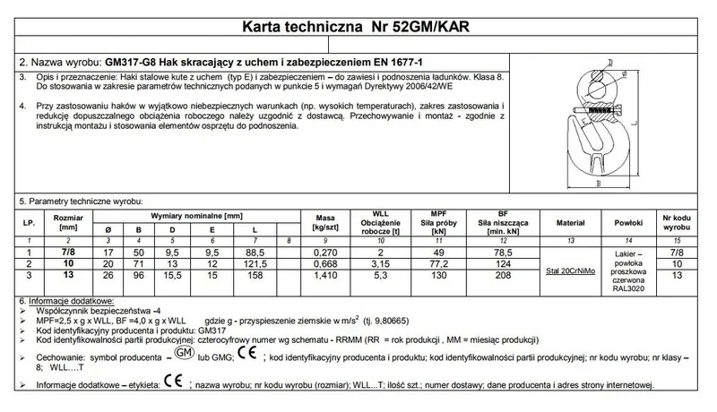 Hak Skracający Z Uchem I Zabezpieczeniem 13mm G8 WLL5.3T