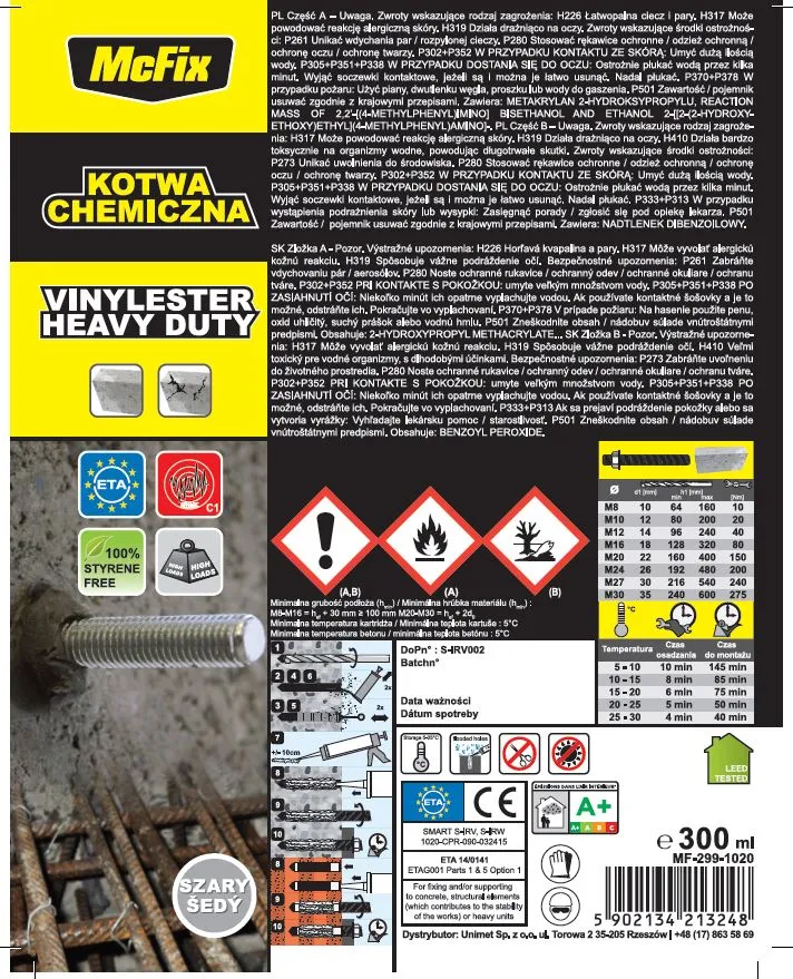 Żywica Vinyloestrowa 300ML,KOTWA Chemiczna MC FIX