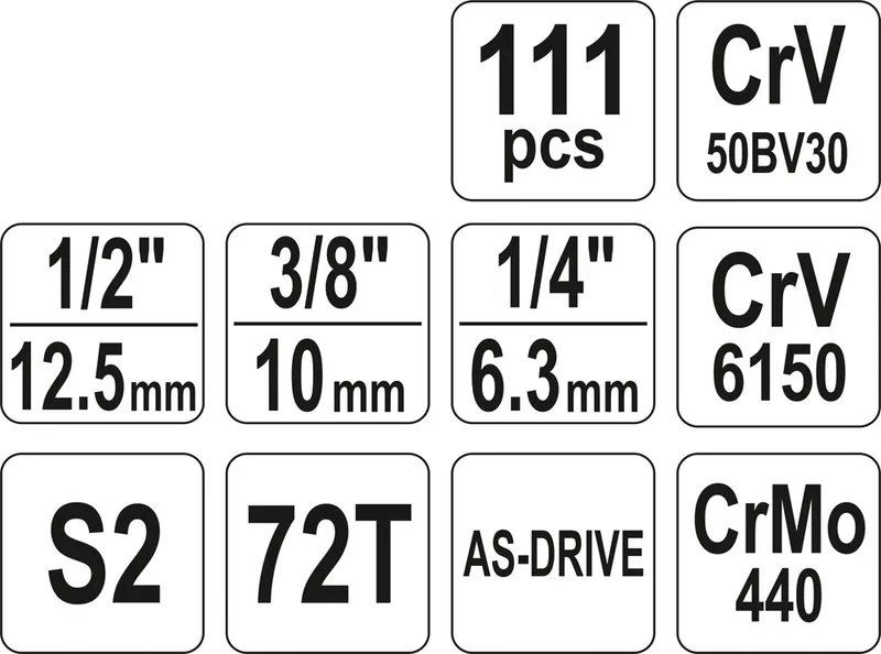 Zestaw Narzędziowy 1/4'' 3/8'' 1/2'' 111CZĘŚCI XL YATO