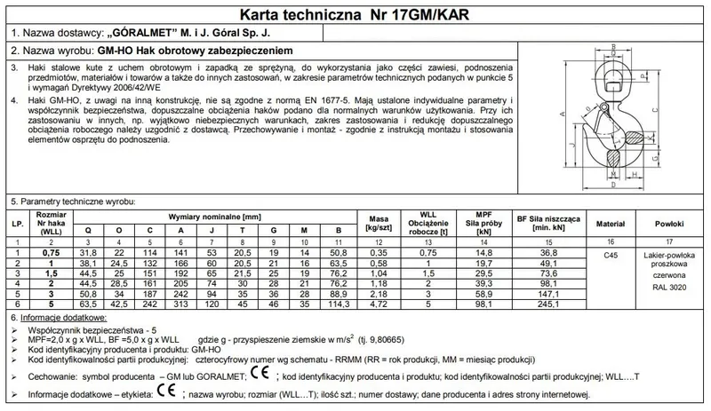 Hak Z Zabezpieczeniem Obrotowy 750kg Gm-Ho