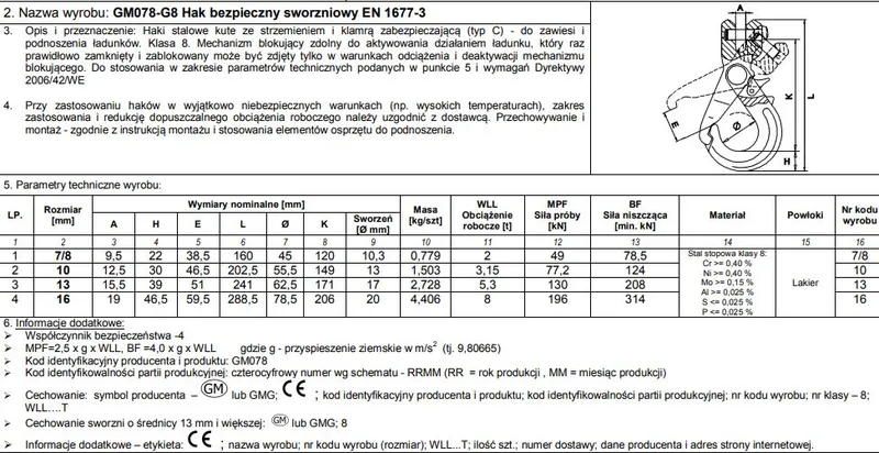Hak Bezpieczny Sworzniowy 10mm Wll 3.15T
